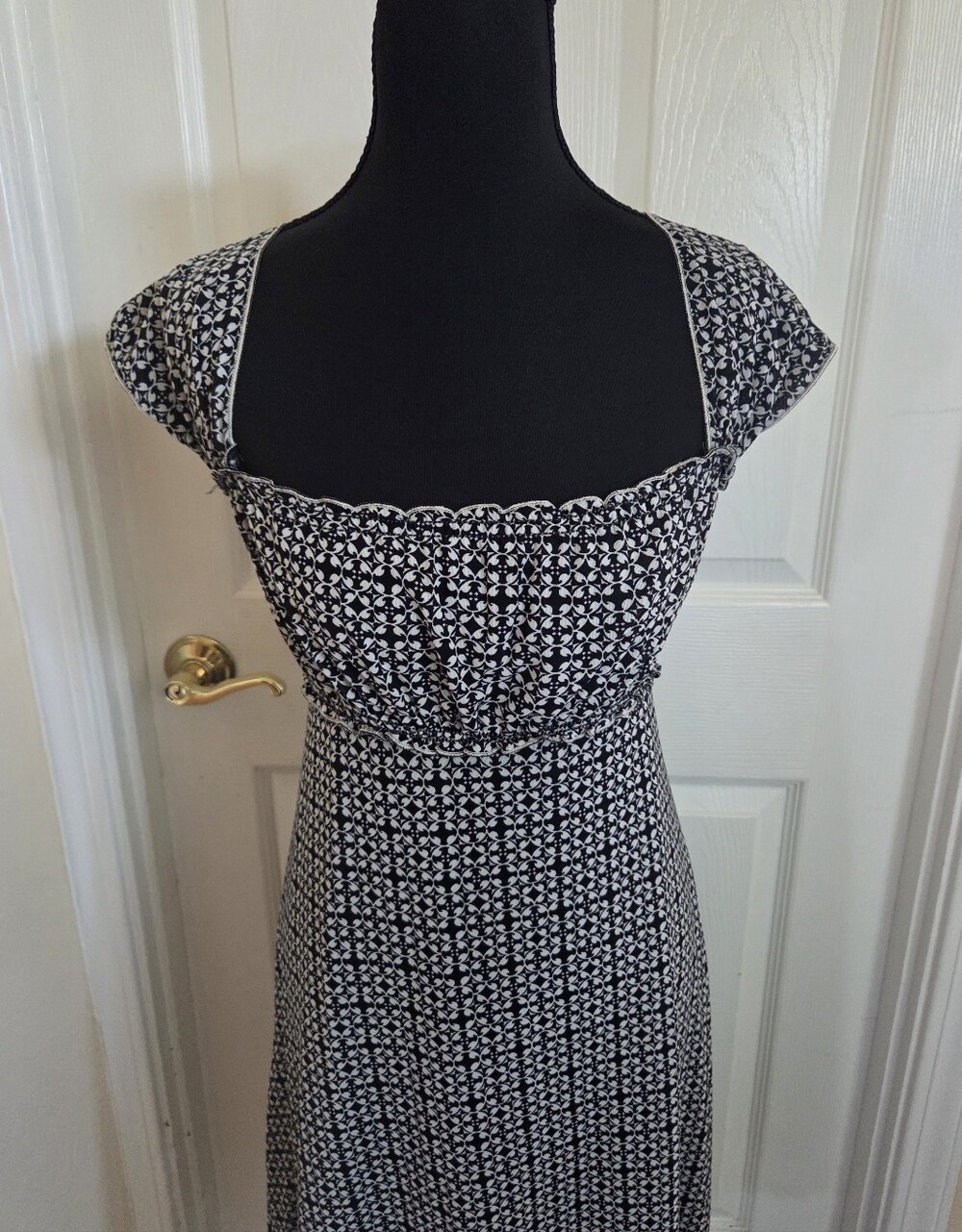 Max Studio Black & White Printed Square-Neck Cap Sleeve Midi Dress Tie Belt Med. - Picture 2 of 7